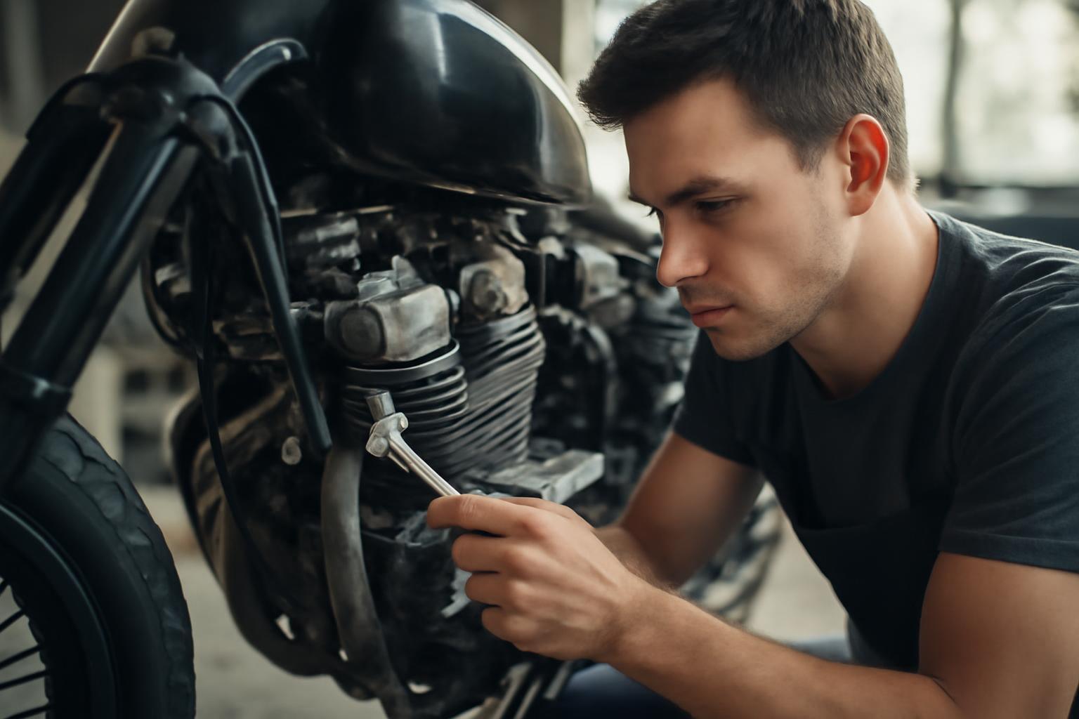 Egy fiatal férfi motorfelújítást végez egy motoron, szerszámot használva.