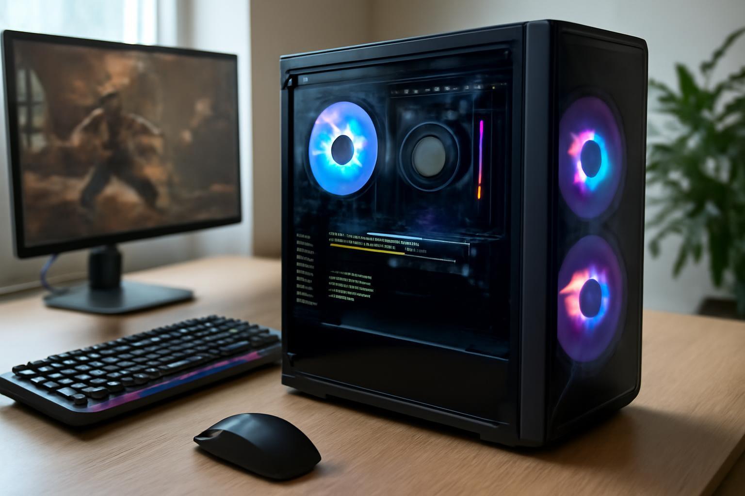 Modern gamer PC színes ventilátorokkal, billentyűzettel és egérrel egy asztalon.