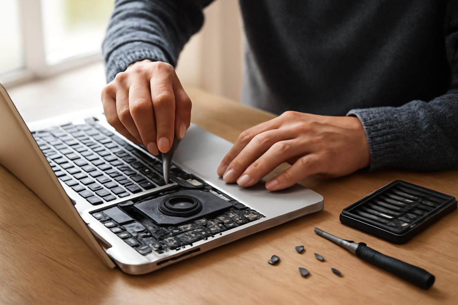 Egy férfi laptopot javít, miközben különböző szerszámok és alkatrészek vannak előtte.