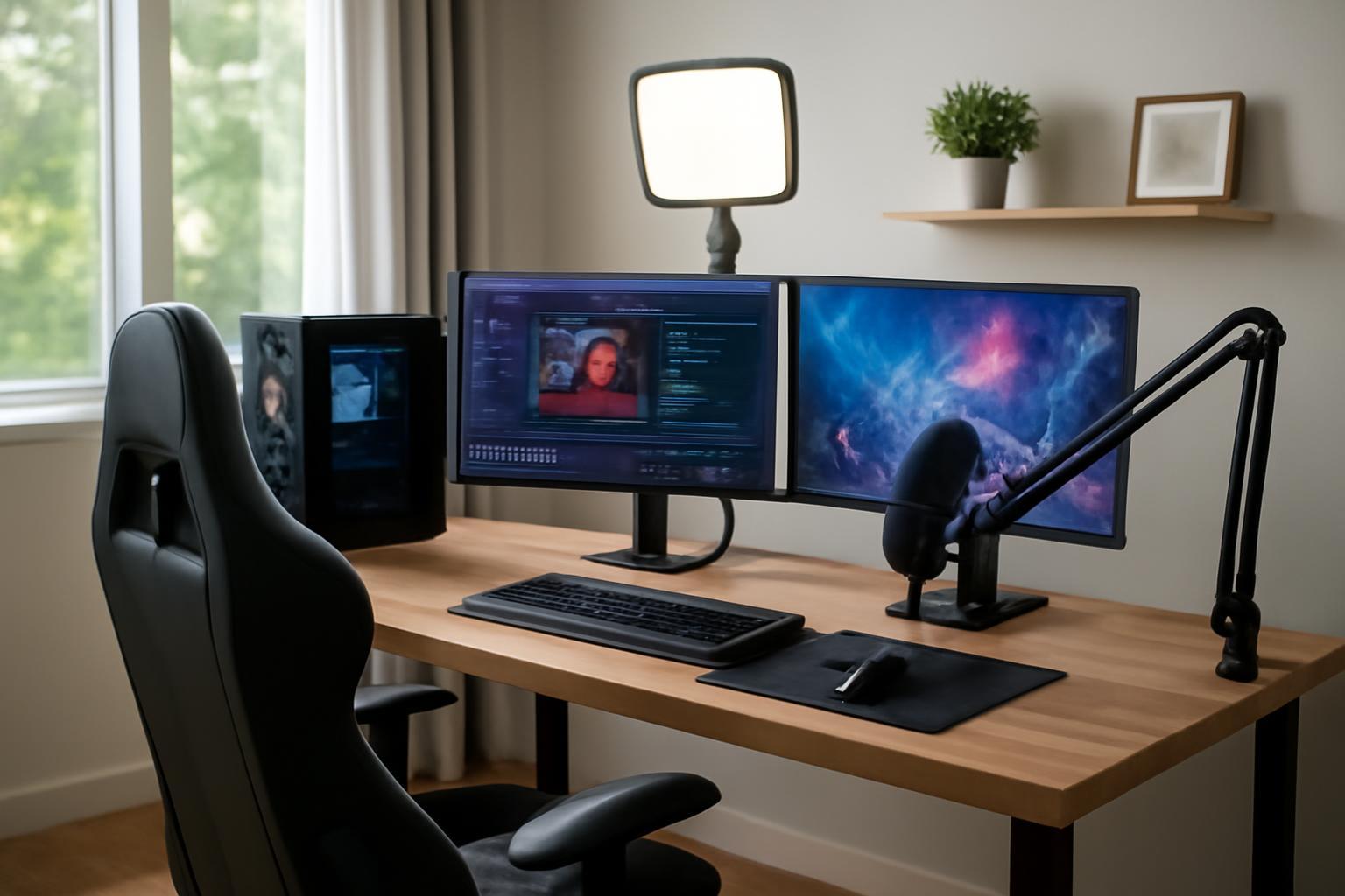Modern streamerszoba, két monitorral, mikrofon és kényelmes szék.