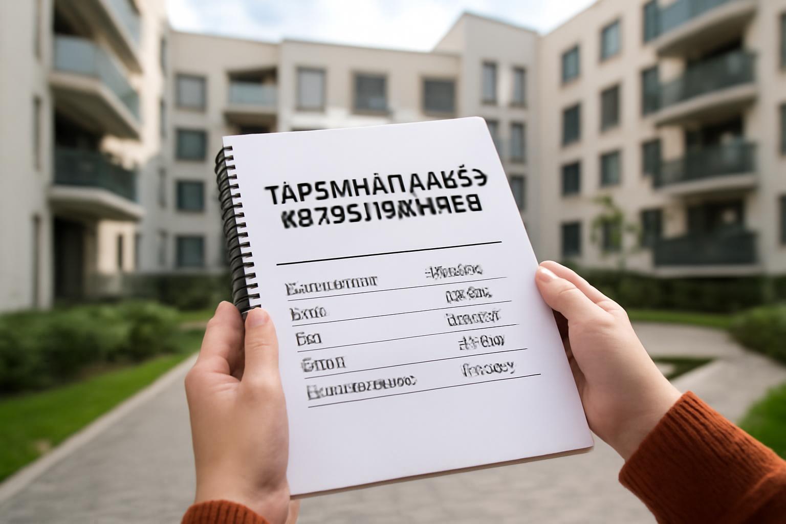 Kézben tartott jegyzetfüzet, rajta társasházi lakás közös költségeivel kapcsolatos információk.