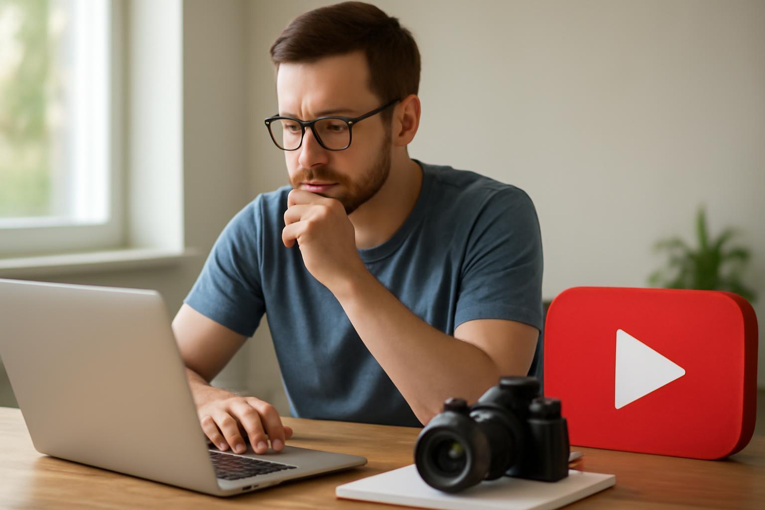 Egy fiatal férfi laptop előtt ül, YouTube csatorna indításának költségeit fontolgatja.