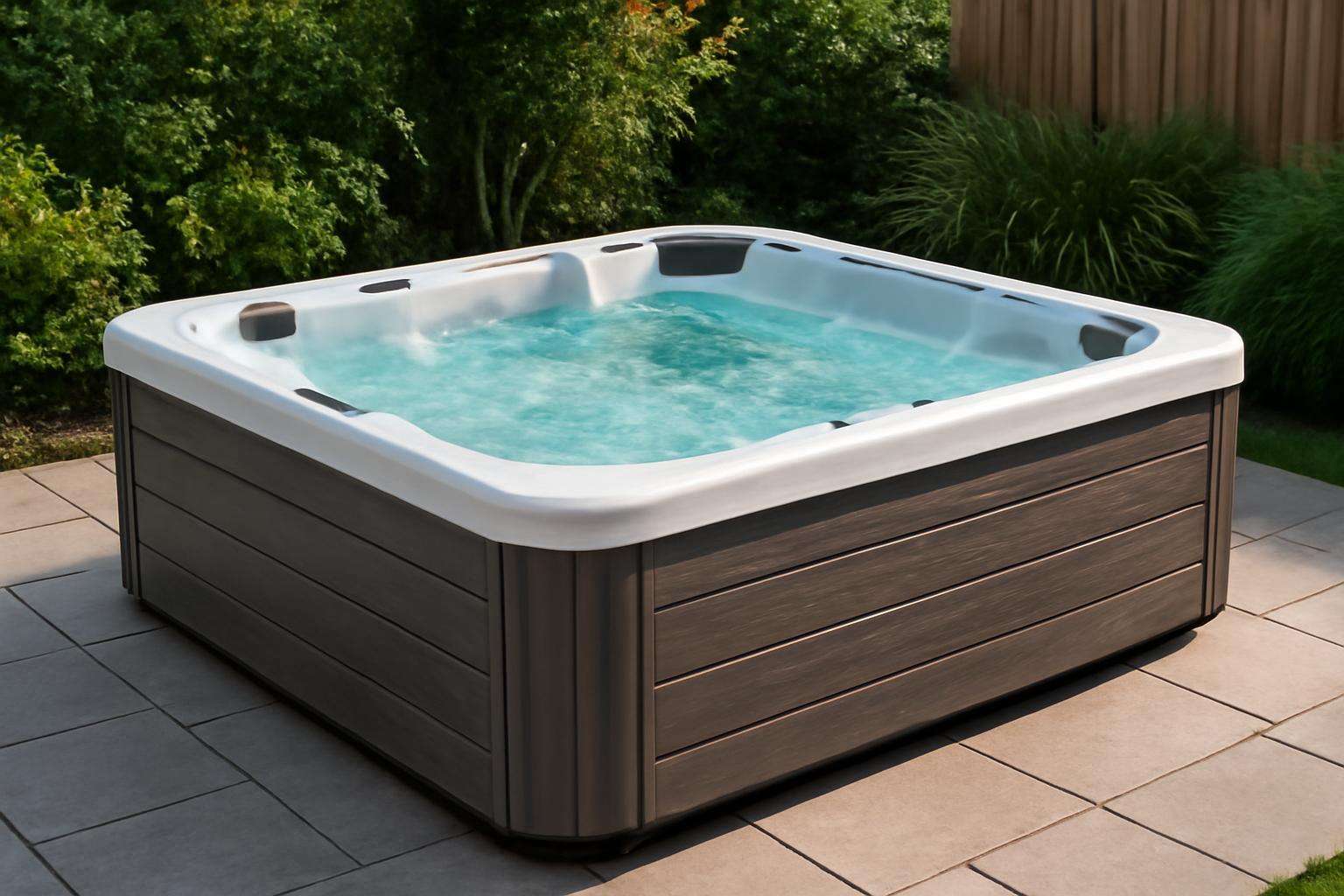 Egy modern jakuzzi, vízzel töltve, zöld növények között, teraszon.