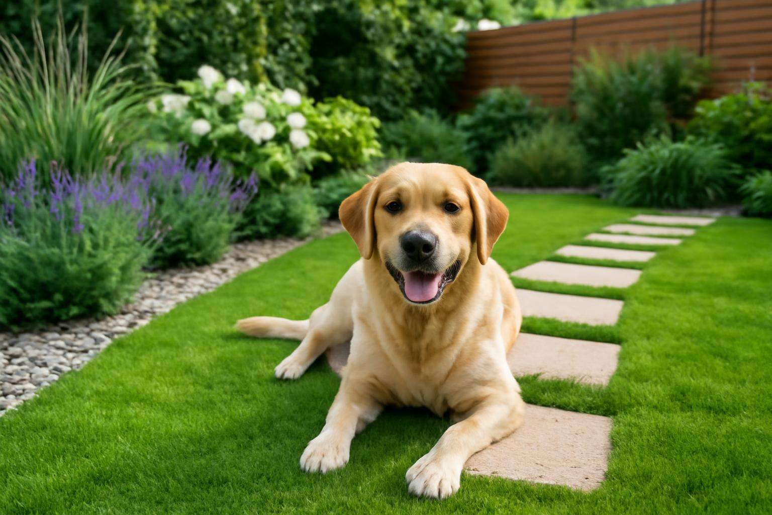 Egy boldog labrador kutya fekszik egy gondozott, kutyabarát kertben.