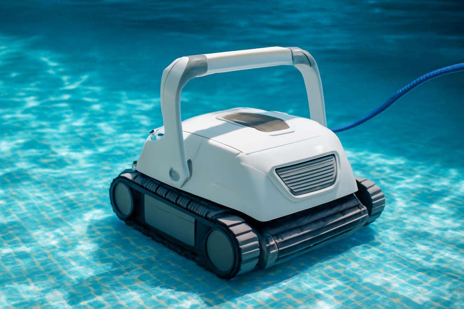 Egy medencetisztító robot a vízben, tisztán tartva a medencét.
