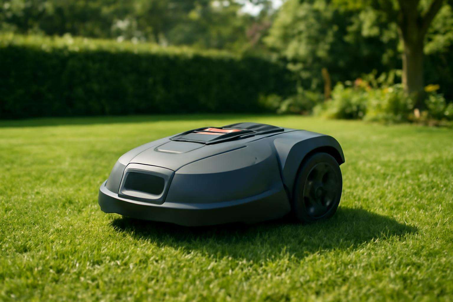 Egy modern robotfűnyíró a zöld fűben, készen a munkára.