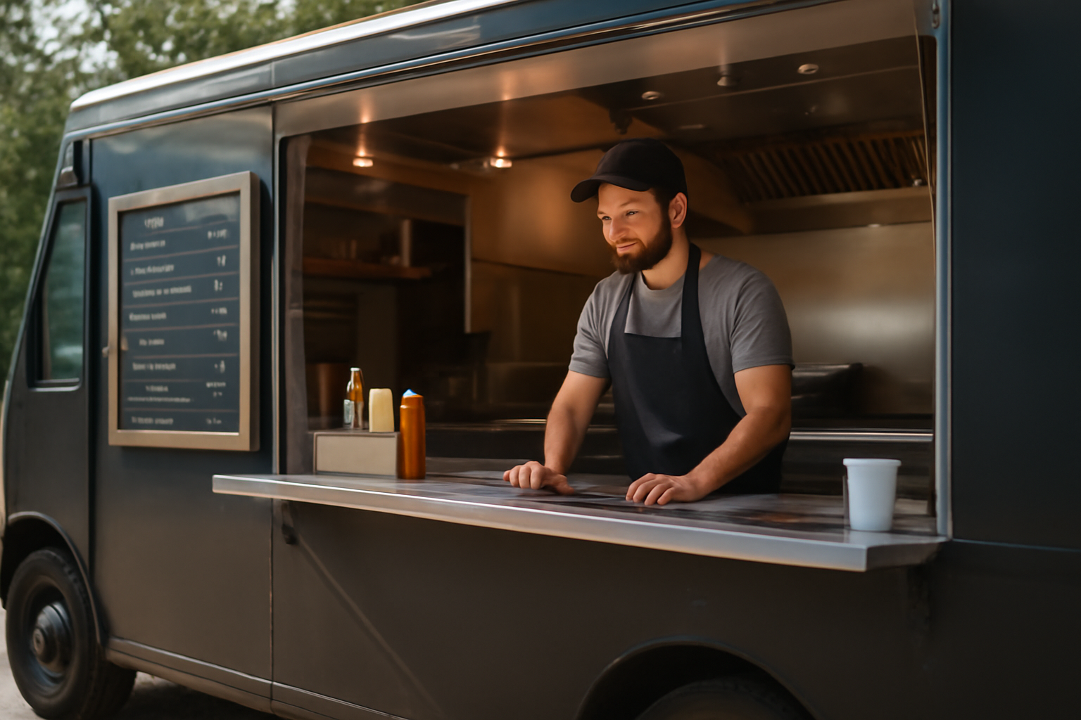 Egy food truck, amelyben egy szakács várja a vásárlókat, az árak láthatók a táblán.