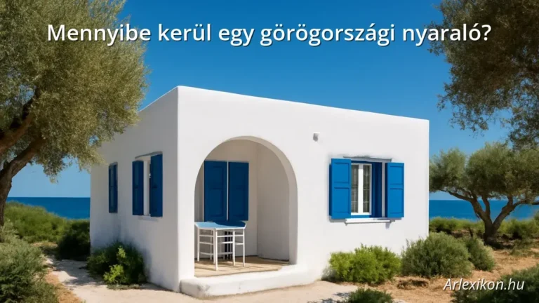 Görögországi nyaraló tengerparti panorámával, fehér falakkal és kék ablakokkal