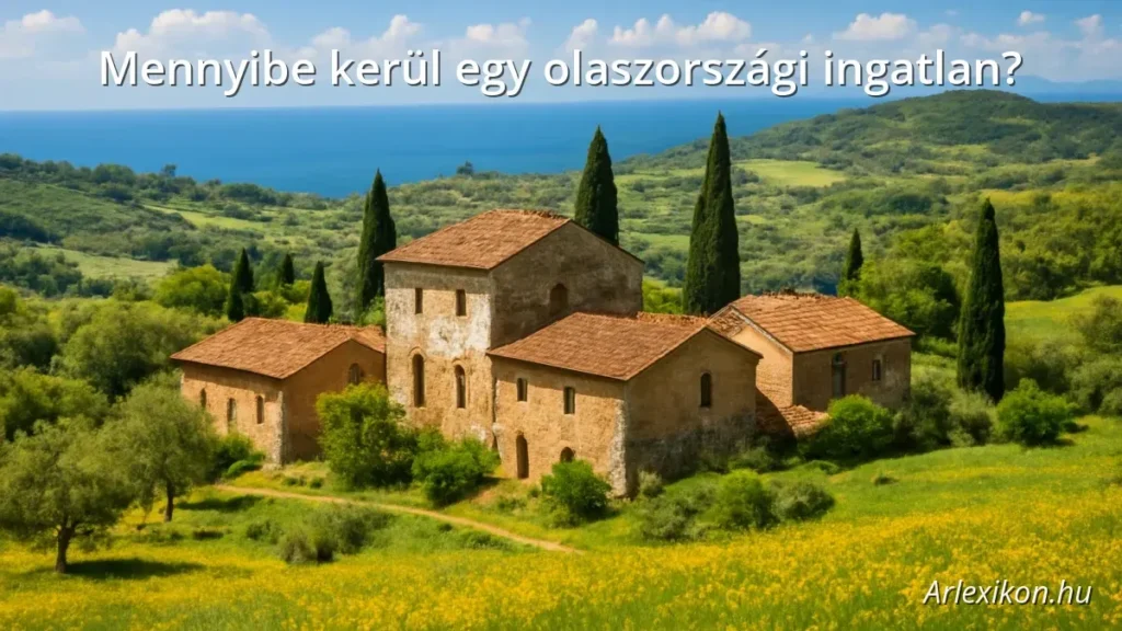 Olasz vidéki táj hagyományos házakkal és a tengerrel a háttérben