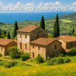 Olasz vidéki táj hagyományos házakkal és a tengerrel a háttérben