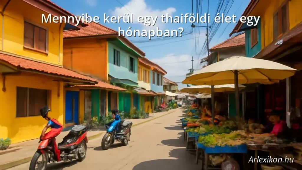 Colorful street scene in Thailand with houses, motorbikes, and market stalls