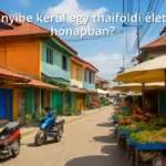 Colorful street scene in Thailand with houses, motorbikes, and market stalls
