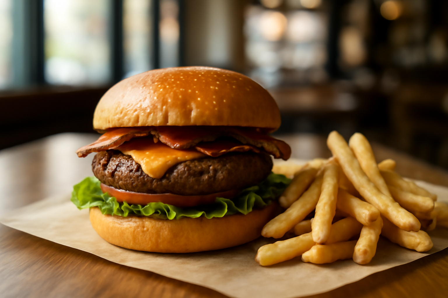 Egy ízletes hamburger, friss zöldségekkel és sültkrumplival tálalva.